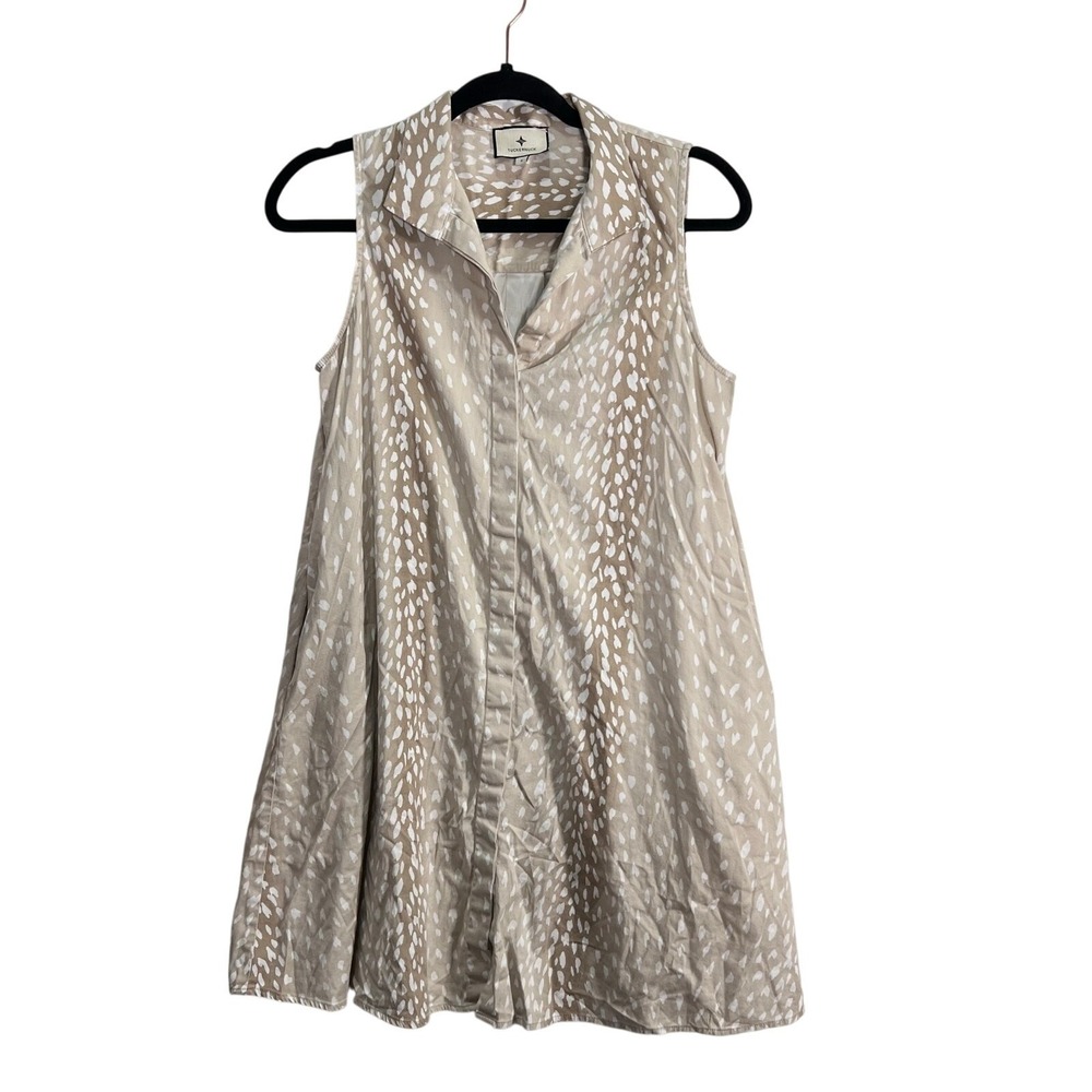 Tuckernuck Sleeveless Woman's Charlie Shirt Dress Tan Antelope Print Size Small